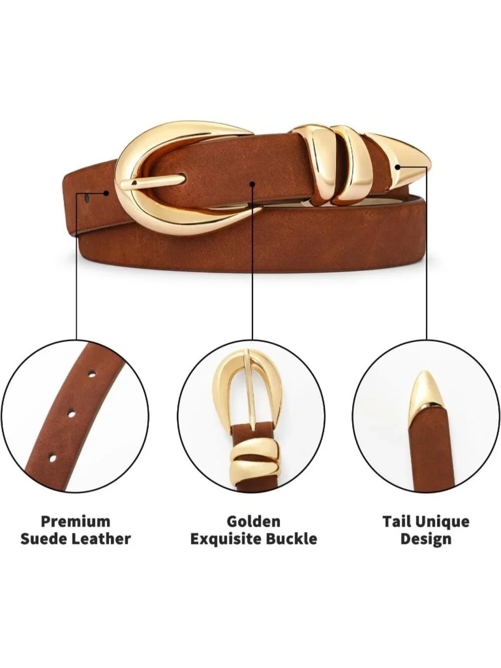 Women's Suede Brown Adjustable Waist Belt For Jeans With Classic Gold Buckle